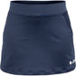 Vooraanzicht van de donkerblauwe JDH Carbon Pro damesrok met wit logo op de zoom