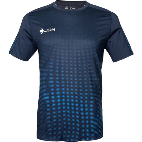 Vooraanzicht van het donkerblauwe JDH Graphic T-shirt met blauw stippenverloop