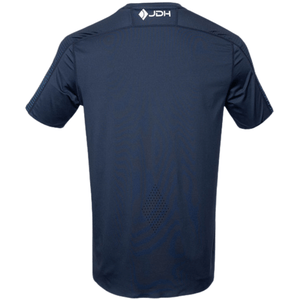 Achteraanzicht van het donkerblauwe Graphic T-shirt met wit JDH logo in de nek