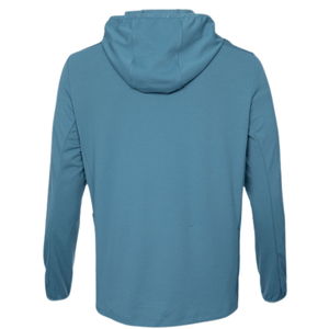 Achteraanzicht van de petrolblauwe Hooded Midlayer met capuchon en lange mouwen