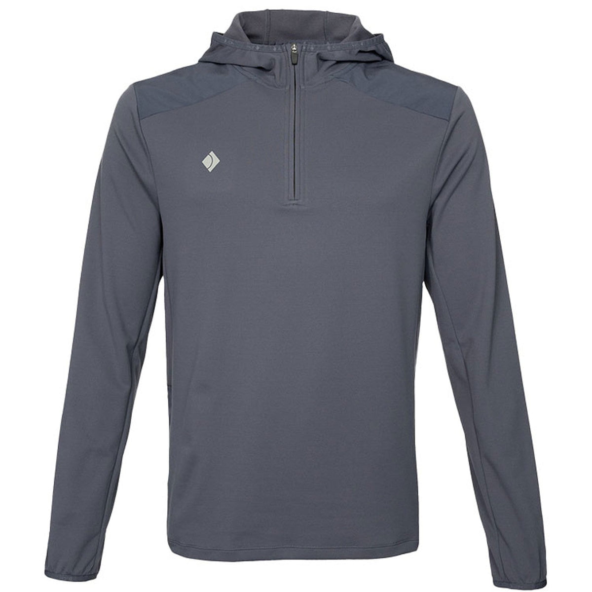 Vooraanzicht van de grijze JDH Hooded Midlayer met capuchon en logo op de borst