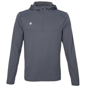 Vooraanzicht van de grijze JDH Hooded Midlayer met capuchon en logo op de borst