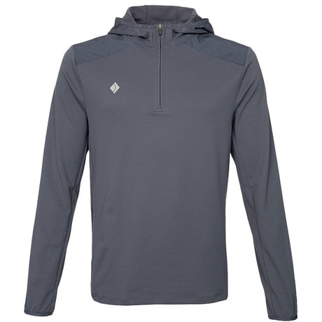 Vooraanzicht van de grijze JDH Hooded Midlayer met capuchon en logo op de borst