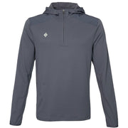 Vooraanzicht van de houtskoolgrijze JDH Hooded Midlayer met capuchon en logo op de borst
