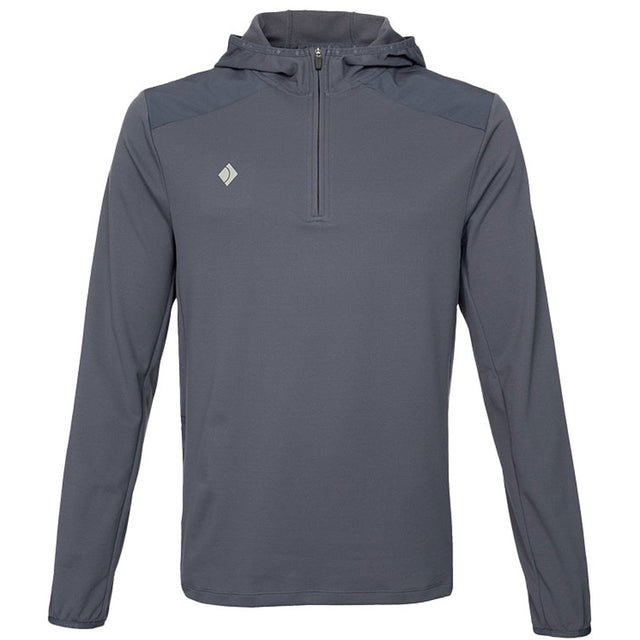 Vooraanzicht van de houtskoolgrijze JDH Hooded Midlayer met capuchon en logo op de borst