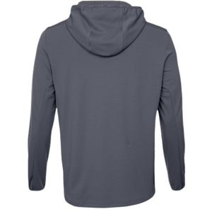 Achteraanzicht van de grijze Hooded Midlayer met effen rugpand en capuchon
