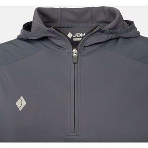 Detail van de grijze capuchon met korte rits en JDH label van de Hooded Midlayer