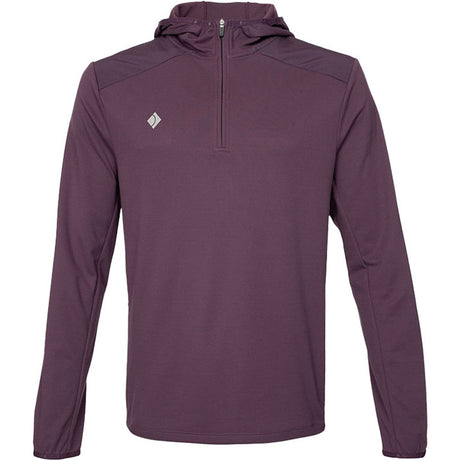 Vooraanzicht van de pruimkleurige JDH Hooded Midlayer met capuchon en korte rits
