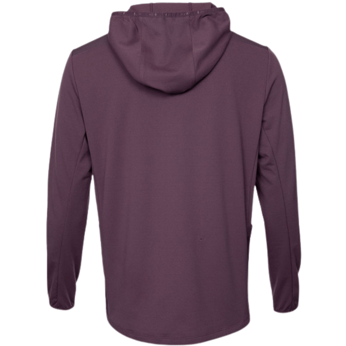 Achteraanzicht van de pruimkleurige Hooded Midlayer met capuchon en geribde boorden