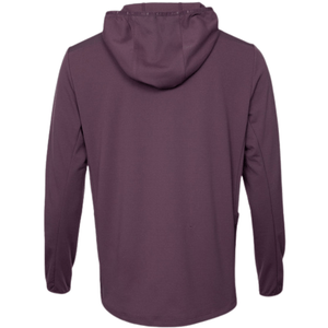 Achteraanzicht van de pruimkleurige Hooded Midlayer met capuchon en geribde boorden
