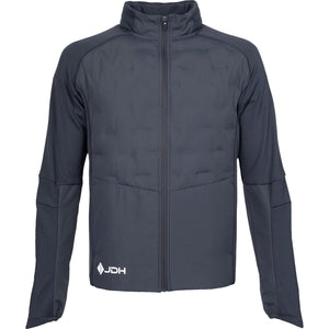 Vooraanzicht van het donkergrijze JDH Hybrid Padded jack met rits en logo onderaan