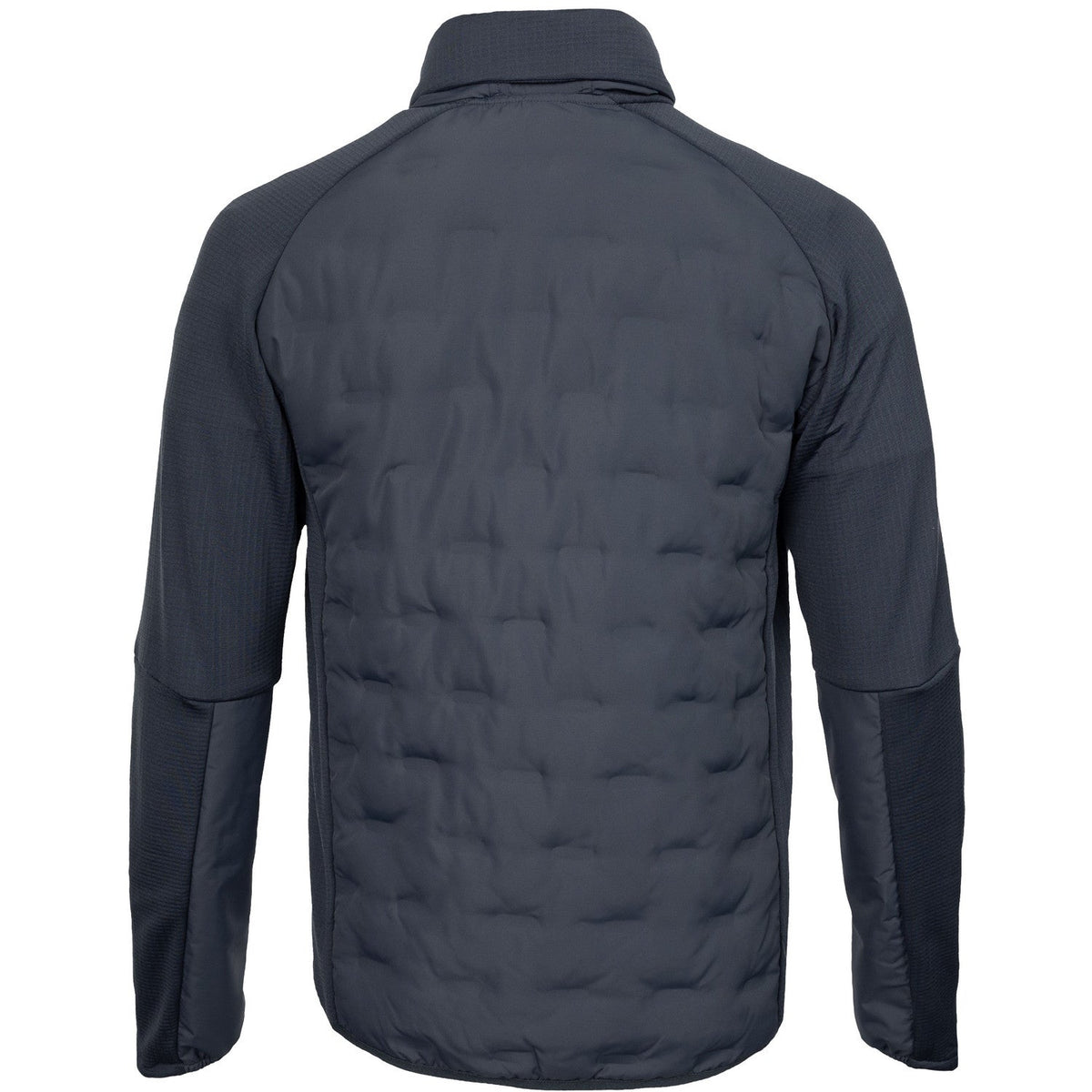 Achteraanzicht van het donkergrijze Hybrid Padded jack met gewatteerde rugpanelen