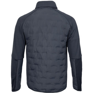 Achteraanzicht van het donkergrijze Hybrid Padded jack met gewatteerde rugpanelen