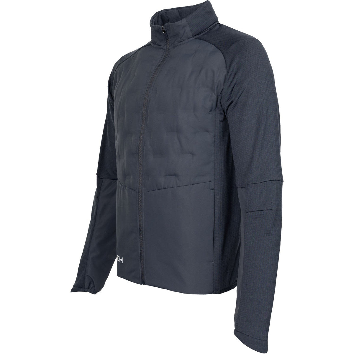 Schuin vooraanzicht van het donkergrijze Hybrid Padded jack met gewatteerd voorpand