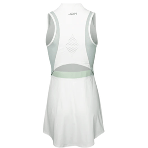Achteraanzicht van de witte Performance jurk met open rug en mintgroene binnenshort