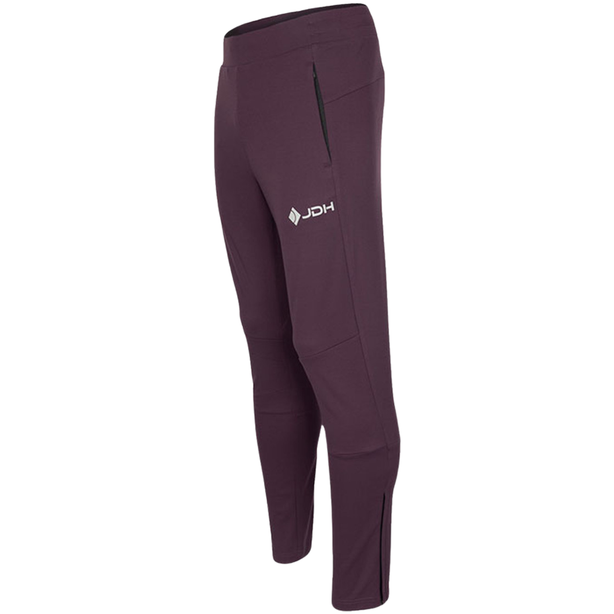 Zijaanzicht van de aubergine JDH Performance broek met ritszak