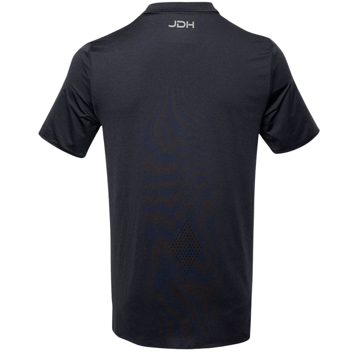 Achterkant van de donkerblauwe JDH Performance Polo met JDH-logo onder de nek