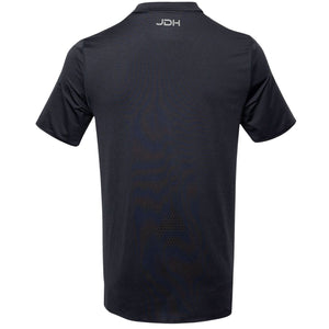 Achterkant van de inktblauwe JDH Performance Polo met JDH-logo onder de nek