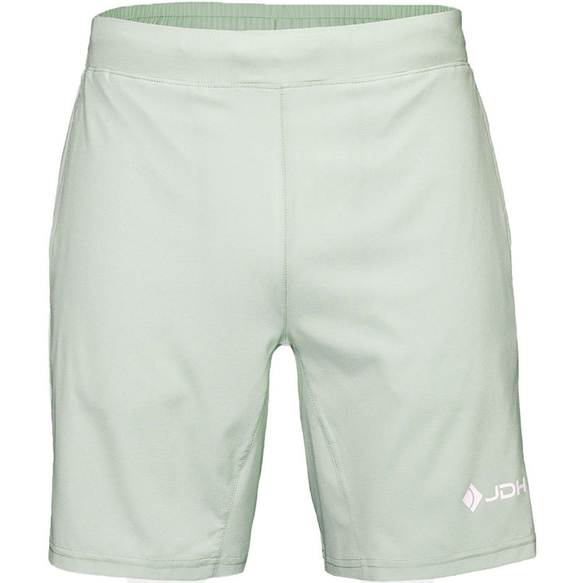 Vooraanzicht van de mintgroene JDH Performance Short met JDH-logo op de rechterpijp
