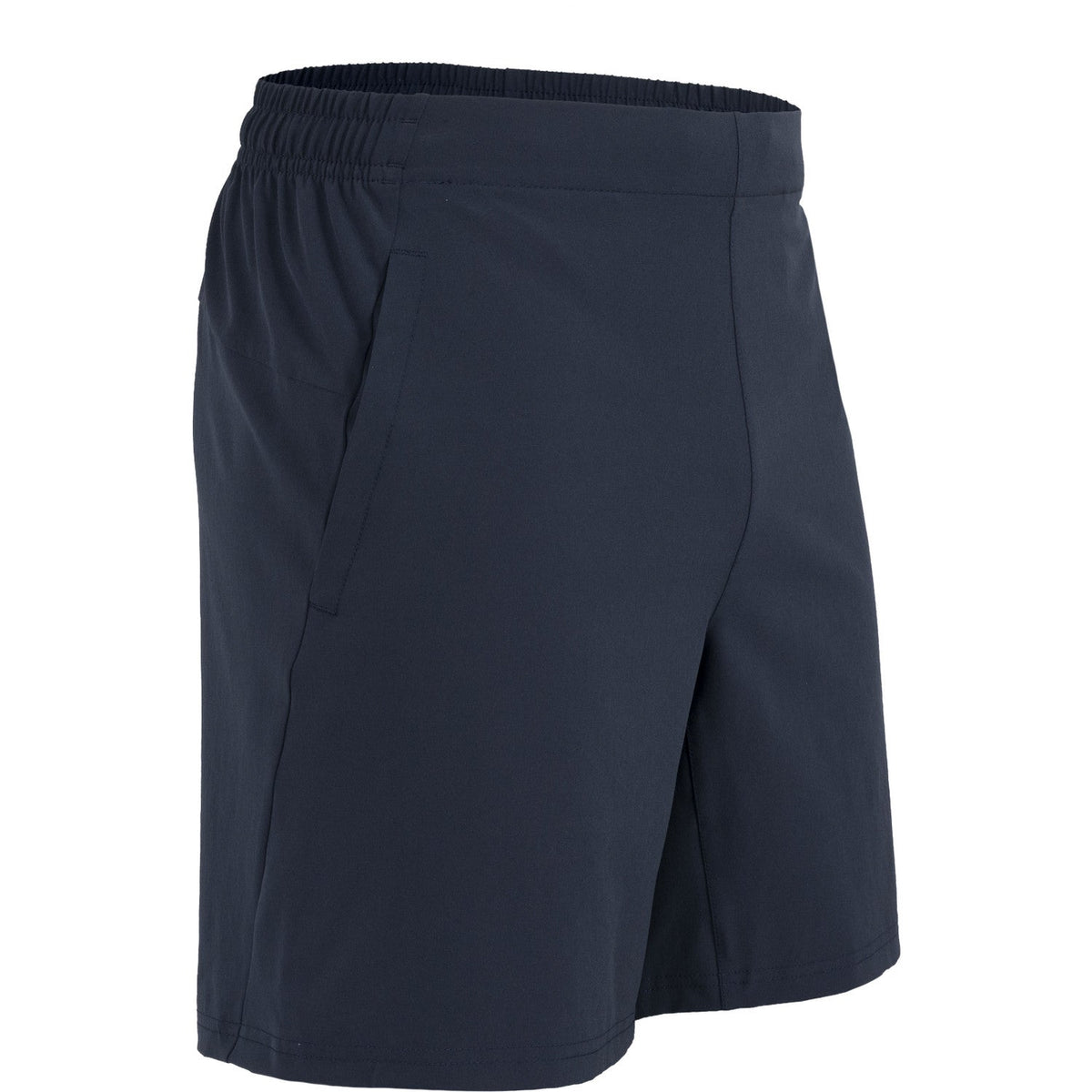 Schuin achteraanzicht van de donkerblauwe JDH Performance Short met ruime pijpopening