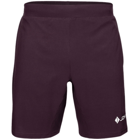 Vooraanzicht van de JDH Performance Short Plum met wit JDH-logo op de pijp