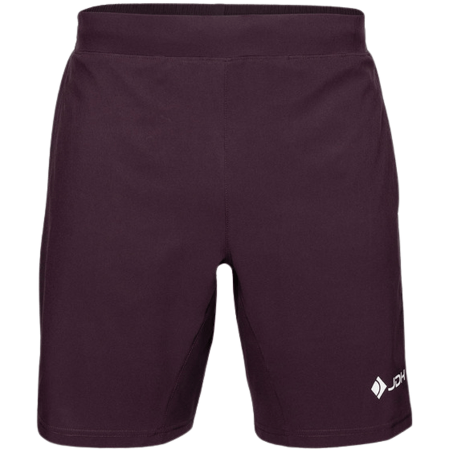 Vooraanzicht van de JDH Performance Short Plum met wit JDH-logo op de pijp