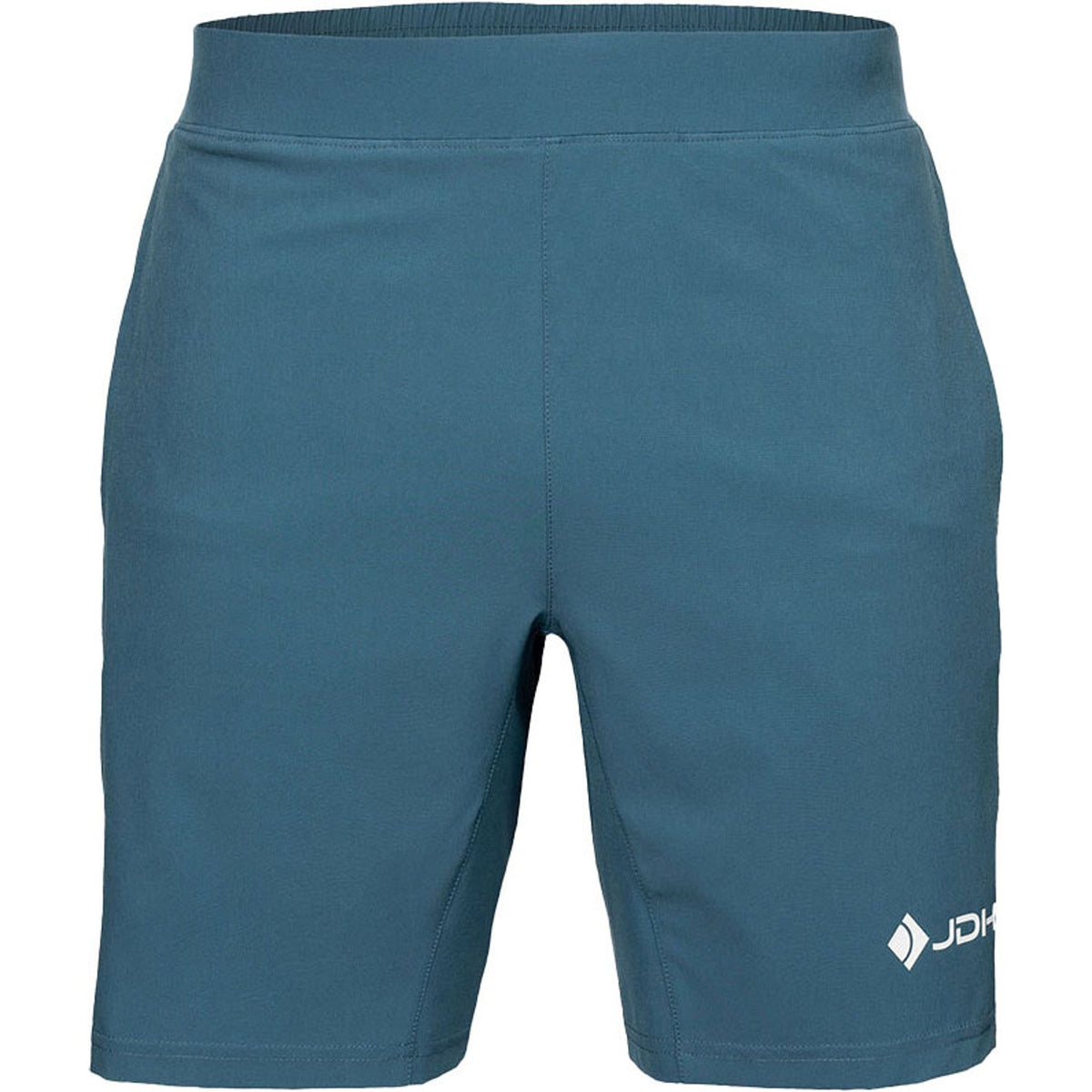 Vooraanzicht van de petrolblauwe JDH Performance Short met wit JDH-logo op de pijp