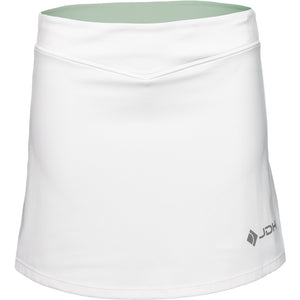 Vooraanzicht van de witte JDH Performance Skirt met mintgroene tailleband en grijs logo