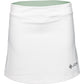 Vooraanzicht van de witte JDH Performance Skirt met mintgroene tailleband en grijs logo