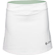 Vooraanzicht van de witte JDH Performance Skirt met mintgroene tailleband en grijs logo
