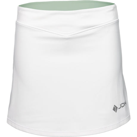 Vooraanzicht van de witte JDH Performance Skirt met mintgroene tailleband en grijs logo