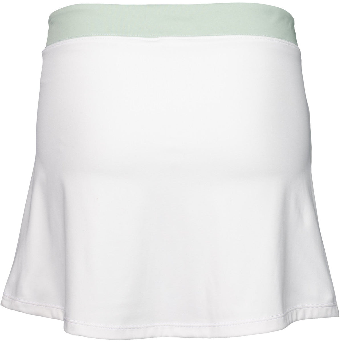 Achterkant van de witte JDH Performance Skirt met mintgroene band en wijd uitlopende zoom
