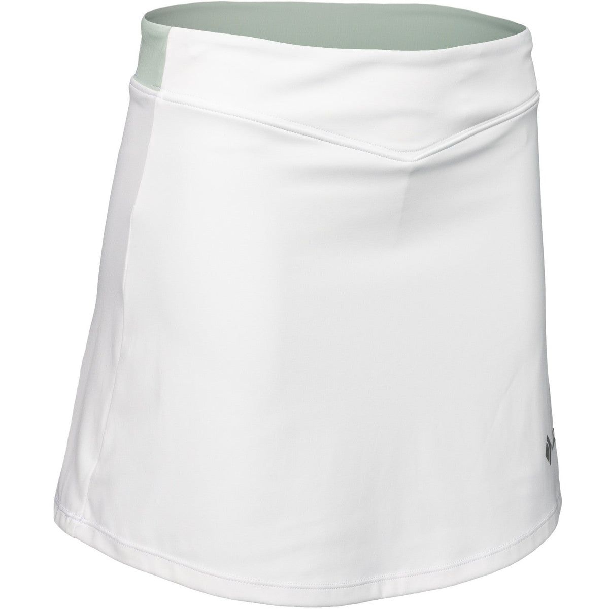 Schuin vooraanzicht van de witte JDH Performance Skirt met puntige mintgroene taille