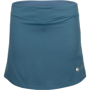 Vooraanzicht van de petrolblauwe JDH Performance Skirt met lichtblauwe tailleband