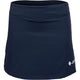 Vooraanzicht van de donkerblauwe JDH Performance Skirt met wit JDH-logo op de zoom
