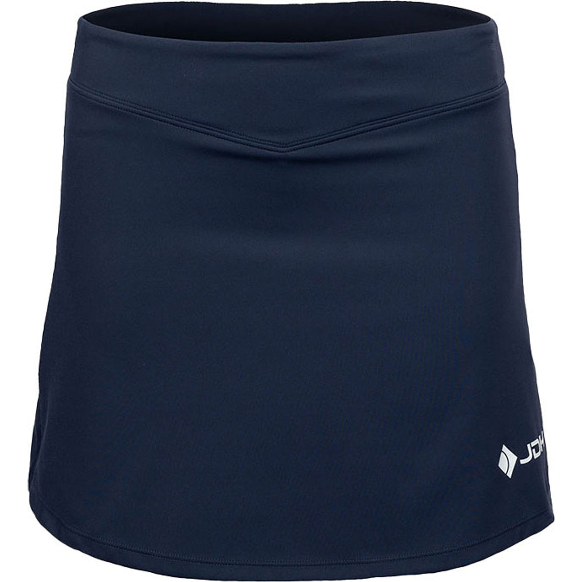 Vooraanzicht van de donkerblauwe JDH Performance Skirt met wit JDH-logo op de zoom