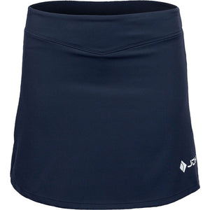 Vooraanzicht van de donkerblauwe JDH Performance Skirt met wit JDH-logo op de zoom
