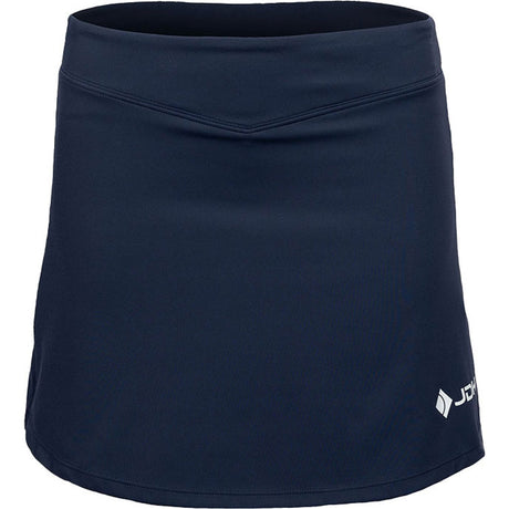 Vooraanzicht van de donkerblauwe JDH Performance Skirt met wit JDH-logo op de zoom