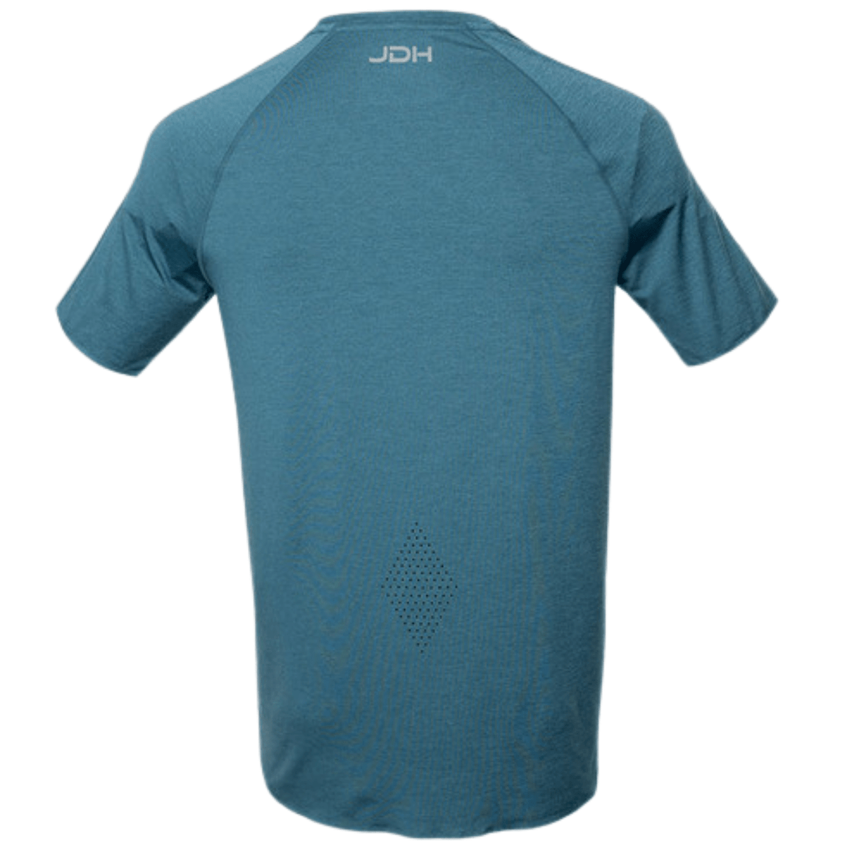 Achterkant van het petrolblauwe JDH Performance T-Shirt met geperforeerd ruitmotief