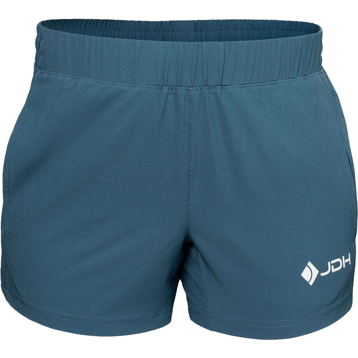 JDH Performance short voor dames in petrolblauw, vooraanzicht met JDH-logo