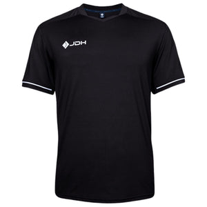 Vooraanzicht van het zwarte JDH Pro Tech T-shirt voor heren met V-hals en witte mouwbies