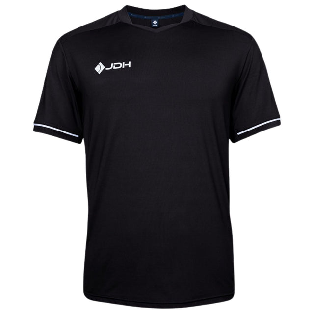 Vooraanzicht van het zwarte JDH Pro Tech T-shirt voor heren met V-hals en witte mouwbies