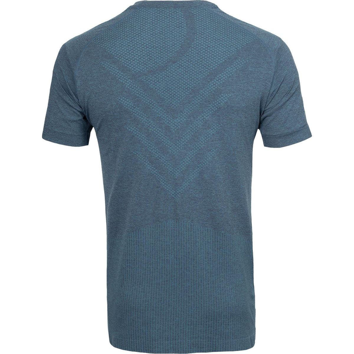 Achterzijde van het blauwe JDH Seamless shirt met ingebreid chevronpatroon