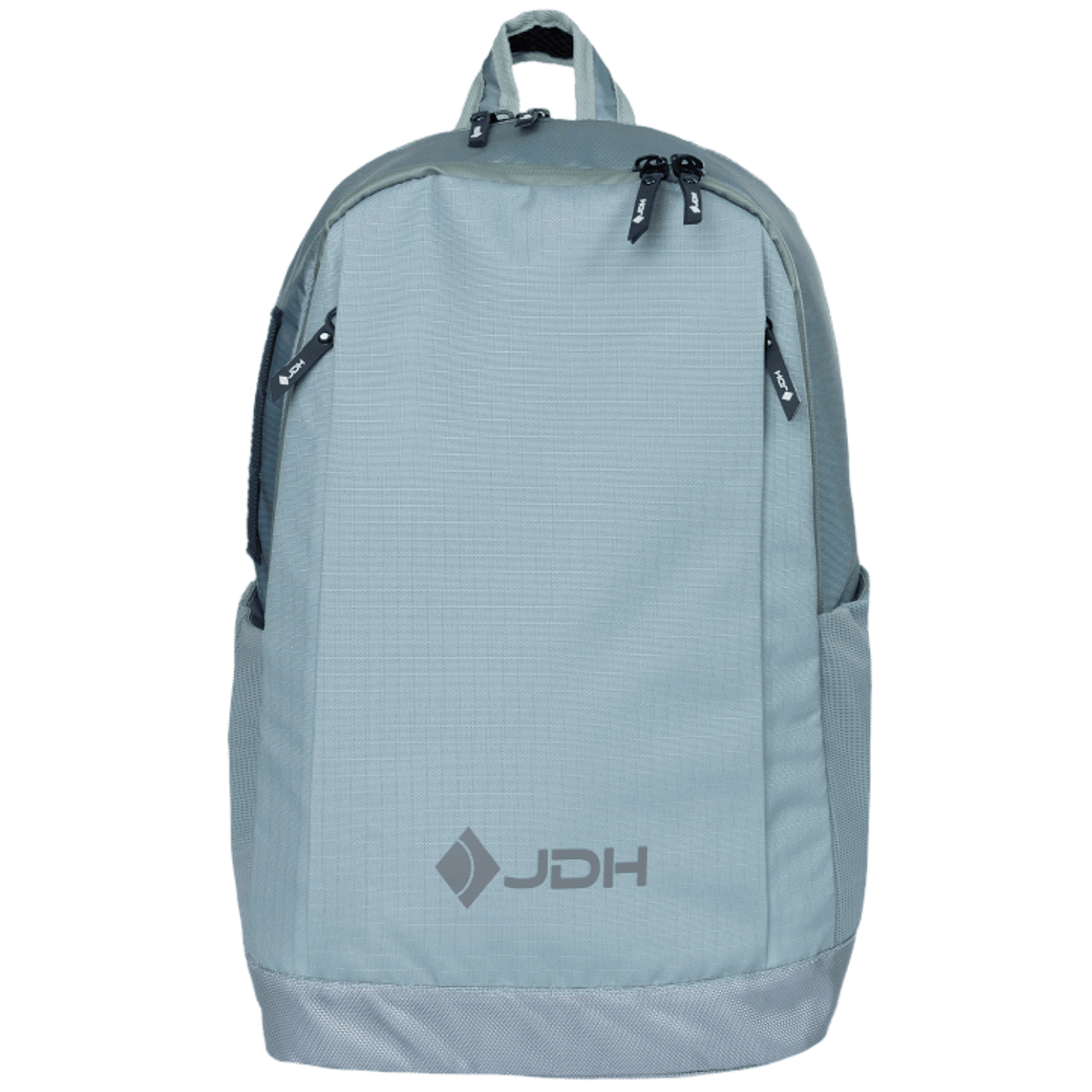 Vooraanzicht van de lichtblauwe JDH Sports 22L rugzak met ritsvakken en grijs JDH-logo