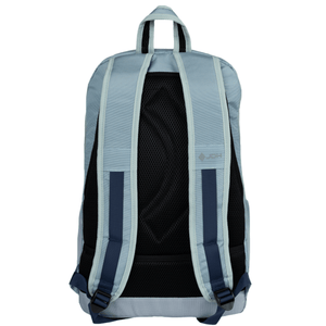 Achterzijde van de JDH Sports 30L backpack met lichtblauwe en donkerblauwe rugbanden
