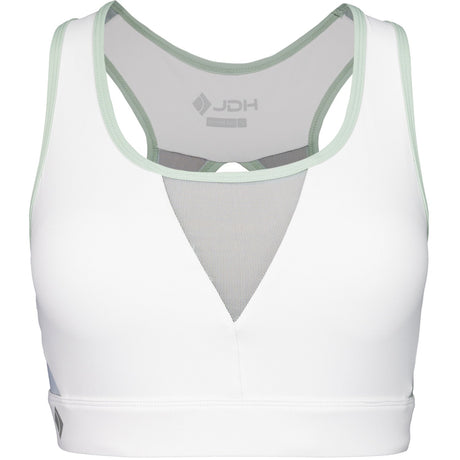 Vooraanzicht van de witte JDH Sports Bra met mintgroene bies en grijze meshinzet