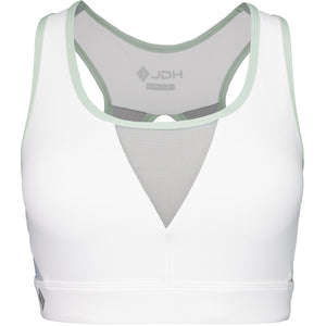Witte JDH Sports Bra met racerback, mintgroene bies en grijs meshpaneel in de rug