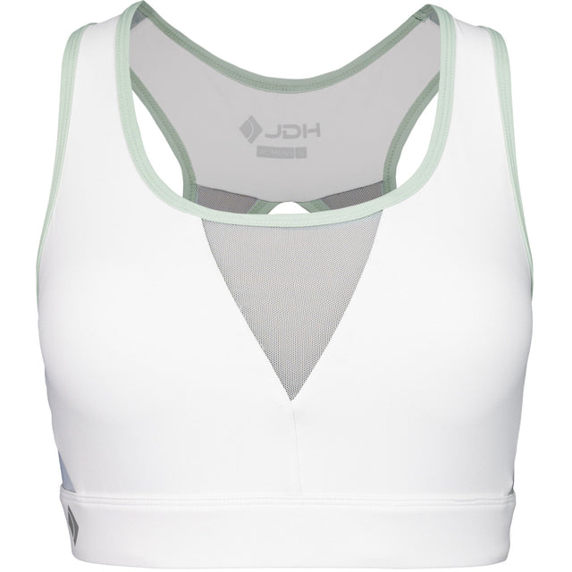 Witte JDH Sports Bra met racerback, mintgroene bies en grijs meshpaneel in de rug