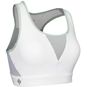 Witte JDH Sports Bra met mintgroene bies en meshinzet in het zijpand