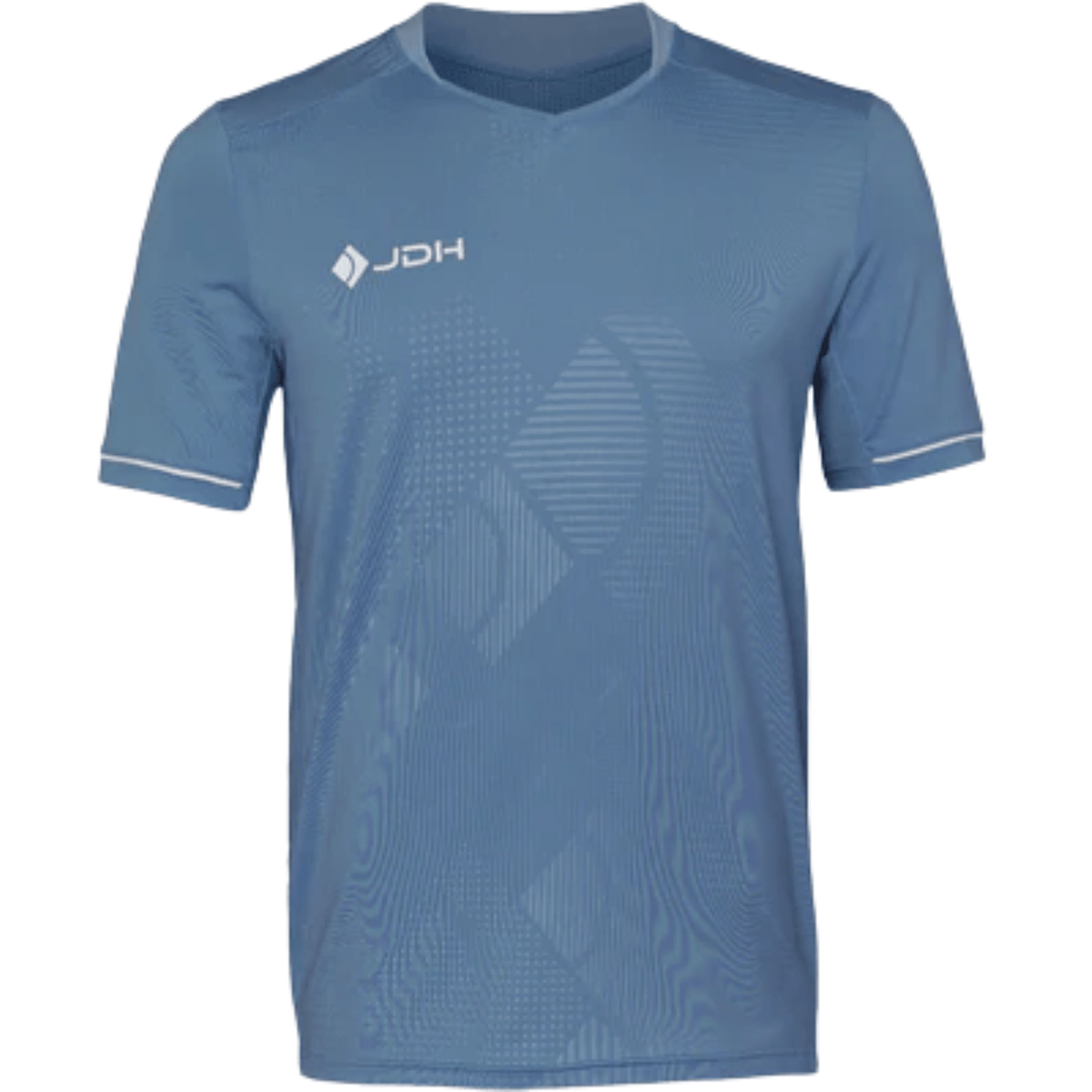 Vooraanzicht van het staalblauwe JDH T-Shirt Carbon Pro met donkere hals en witte bies